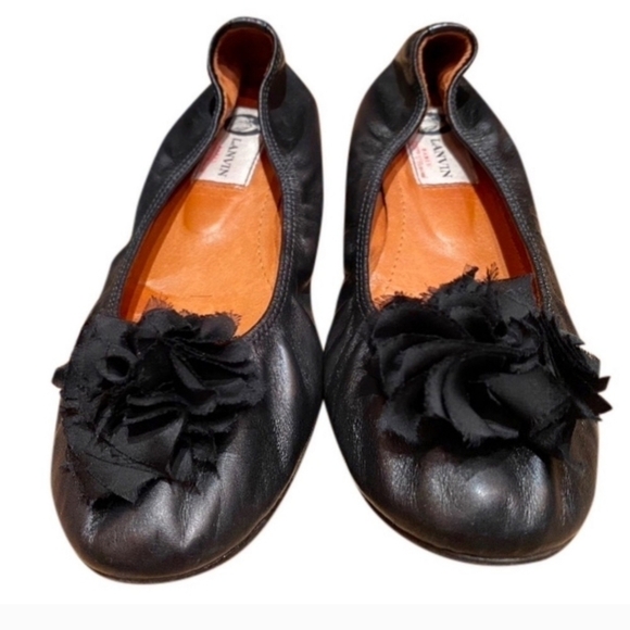 Lanvin Balerina Black Satin Ballet Silk Glove Flats Rosette Bow 37 Designer New - Picture 1 of 17